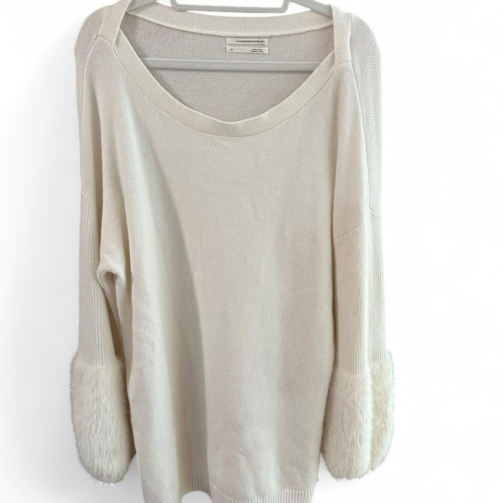 Anthropologie white Sweater with Faux Fur Cuffs